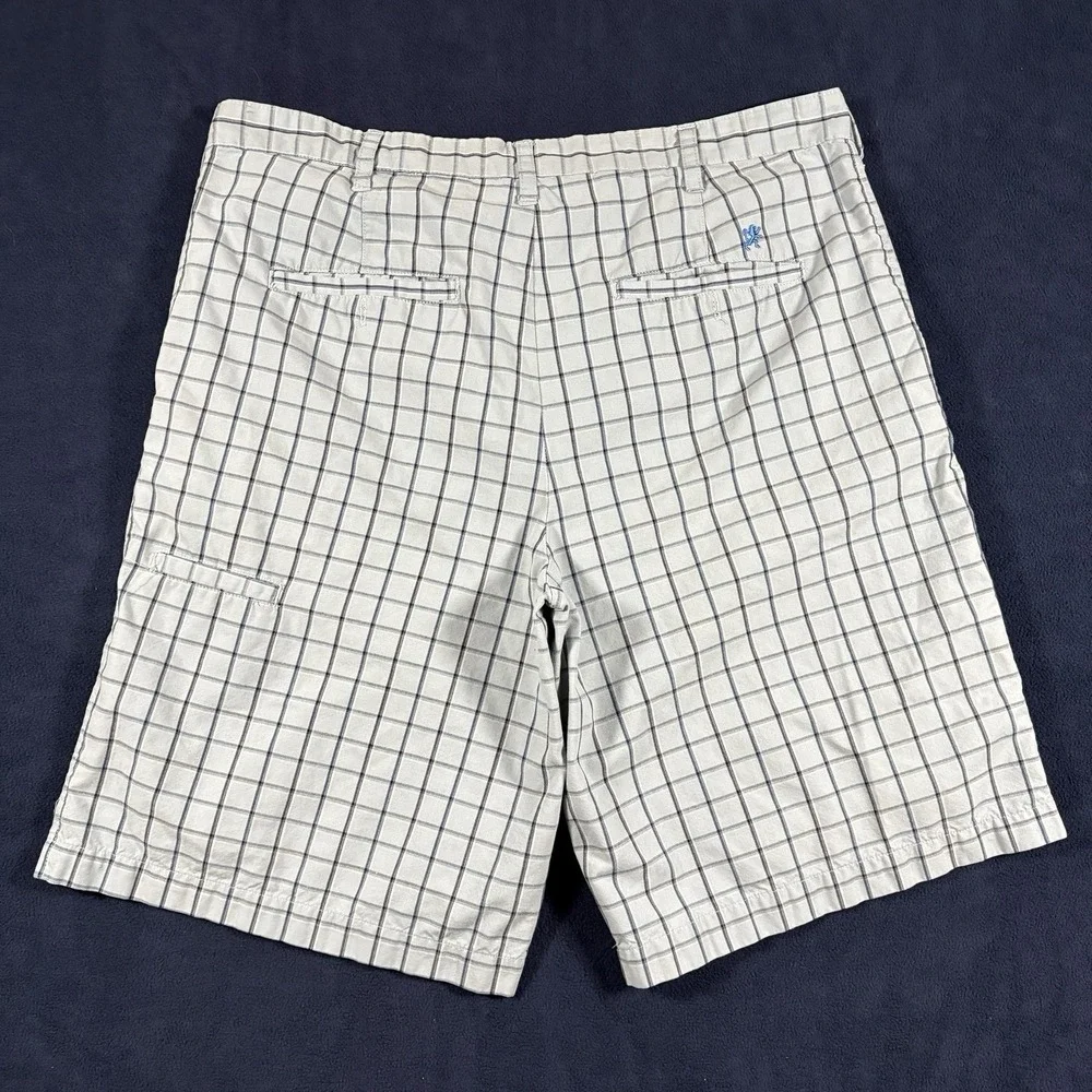 VTG Y2K Mossimo Plaid Men Shorts 38 Gray Blue Lion Crest Flat Front Chino Baggy